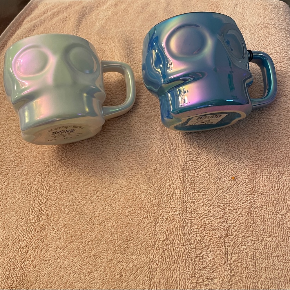 Lot of 2 Starbucks Iridescent Skull Mugs: 1 - Blue and 1- White